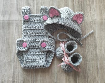 Newborn Crochet Kitty Set: Bonnet with ears, Romper, Booties, baby shower gift, photo prop, newborn pictures