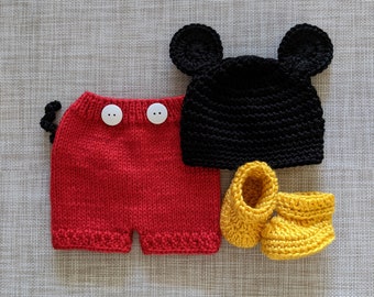 Mickey Mouse Baby Boy Set: Hat, Shorts with attached tail and Booties, Crochet baby set, Baby Shower Gift, Newborn outfit, Newborn picture