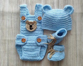 Newborn Crochet Bear Set: Beanie with ears, Romper with applique, Booties, Baby shower gift, Photography Prop