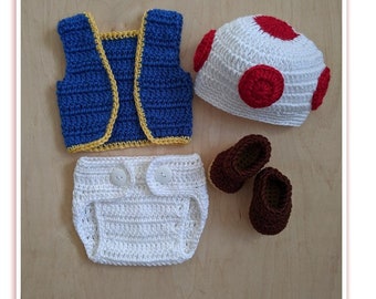 Super Mario Toadstool baby set: hat, diaper cover, vest, booties, Super Bros, Baby shower gift, Newborn outfit, newborn pictures, photo prop