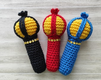 Crochet Baby Scepter Toy, Royal Costume Prop, Rhinestone Detail, Baby shower gift