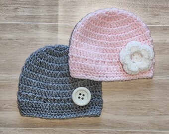 Set of 2, Crochet Twins Baby Boy/Girl Set, Hat with flower, Hat with button, Baby shower gift, Newborn picture, Newborn hats, Photo prop