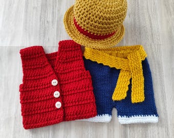 Crochet Luffy Baby Outfit: Straw Hat, West, Shorts, Pirate costume, One Piece Inspired Luffy, Baby shower gift, Size Newborn
