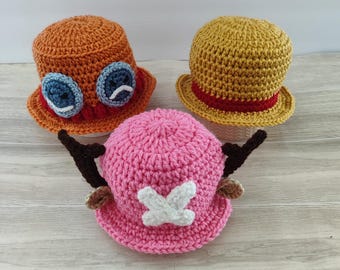 Crochet  Dr. Tony Tony Chopper Hat, Luffy Straw Hat, Ace Hat, One Piece Inspired, Strawhat outfit, Pirate hat, Babies pictures