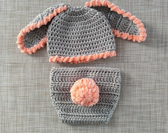 Crochet Baby Bunny Set: Hat with ears and Diaper Cover with tail, Baby shower gift, Newborn pictures