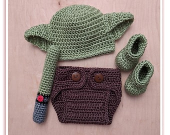 Crochet Baby Boy Outfit: Elf Hat, Diaper Cover, Booties, Light Saber, Baby shower gift, Yoda baby set