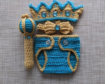 Crochet King baby set: Crown, Diaper cover, Bow Tie, Scepter, Royal set, Prince set, Baby shower gift, Newborn pictures, Photo prop