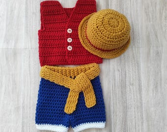 Crochet Luffy Baby Outfit: Straw Hat, West, Shorts, Pirate costume, One Piece Inspired Luffy, Baby shower gift