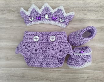 Crochet Princess Baby Set: Crown, Ruffled Diaper Cover, Booties, Photo Prop, Baby shower gift