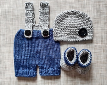 Crochet Baby Boy Set: Bunny Hat, Shorts with Suspenders, Booties, Baby Shower Gift, Photo Prop, Newborn Boy Coming home outfit