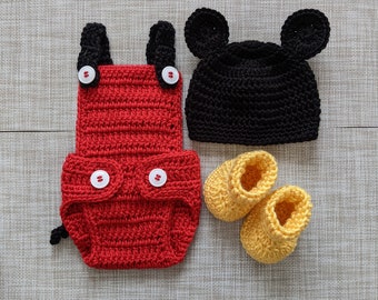 Mickey Mouse Baby Boy Set: Hat, Romper with attached tail and Booties, Crochet baby set, Baby Shower Gift, Newborn outfit, Newborn picture