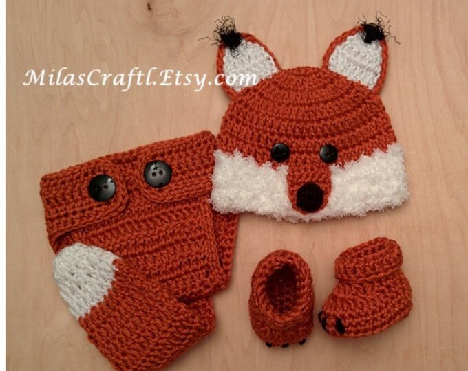 Crochet Baby Fox Set: Hat, Diaper Cover and Booties, baby shower gift, gift for baby girl or boy, newborn picture, photo prop