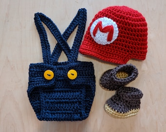 Mario-Luigi-Wario Baby Boy Set: Hat, Diaper Cover/Suspenders, Booties, Super Bros, Baby Shower Gift, Photo Prop