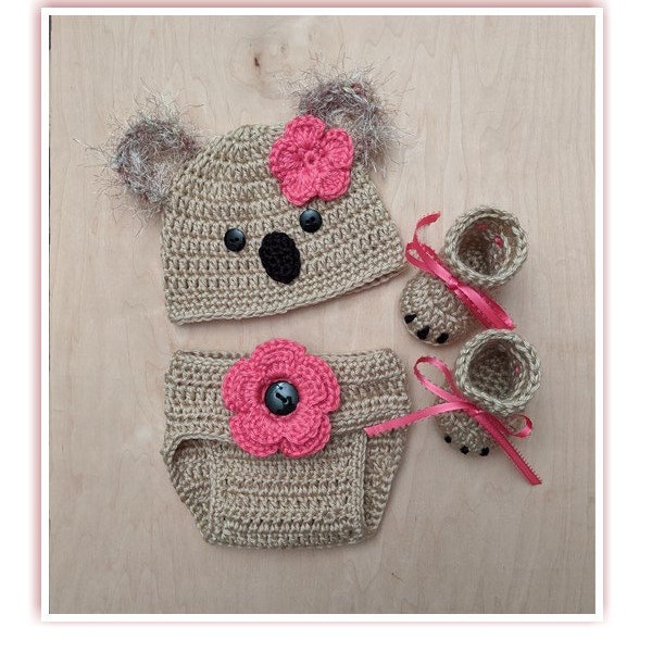 Crochet Koala baby set: Hat, Diaper cover with tail, Booties, Set for boy and girl, Baby shower gift, Newborn outfit, Photo prop