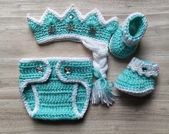 Ready to ship! Queen Elsa baby girl set: Crown with hair, Diaper cover, Booties, Crochet Princess outfit, Baby shower gift, Newborn picture
