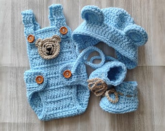 Newborn Crochet Bear Set: Bonnet with ears, Romper with applique, Booties, Baby Shower Gift, Photography Prop