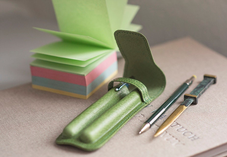Green fountain pen case. Ladies gift. Double pen case. Best Etsy