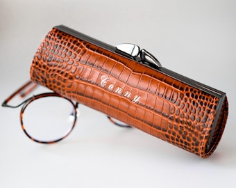 Brillenetui Kroko Leder, Luxus Brillenetui Damen, Stilvolles Brillenetui, Elegantes Brillenetui Weihnachtsgeschenk, Hart Brillen Etui