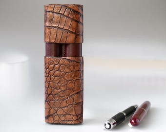 Étui à stylos en cuir tanné végétal : motif crocodile, étui minimaliste pour deux stylos