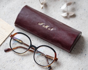 Burgundy Leather Glasses Case: Hard Shell, Magnetic Snap, Personalized