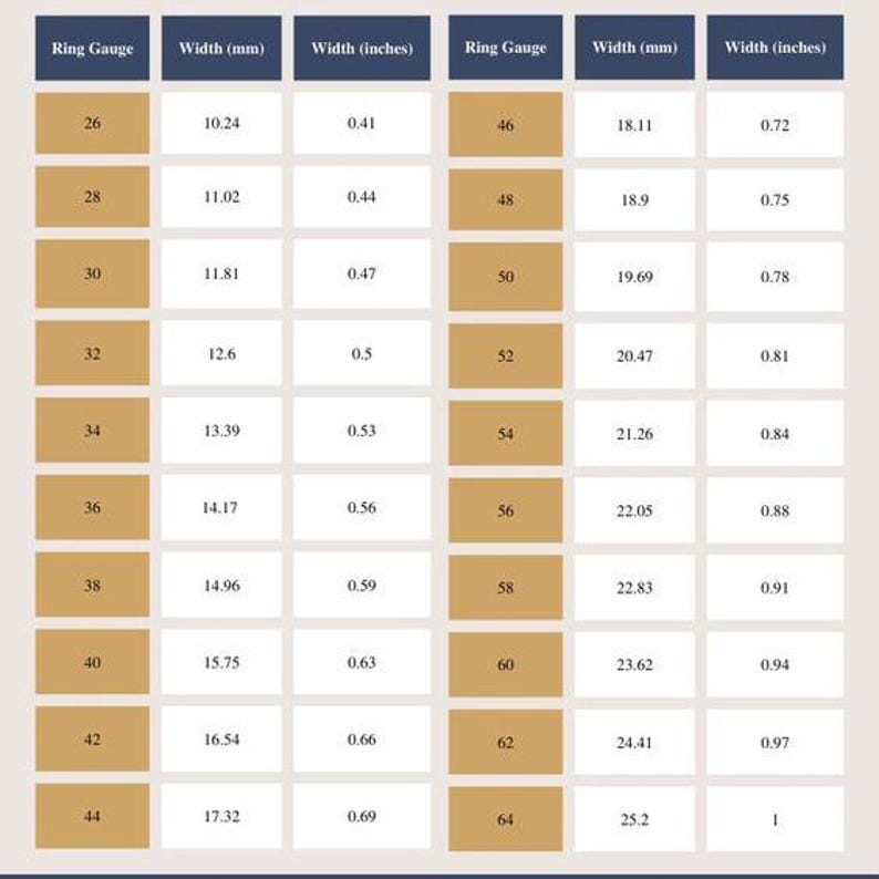 May include: A ring size chart with ring gauge sizes, widths in millimeters and inches. The chart includes sizes from 26 to 64, with corresponding measurements in inches ranging from 0.41 to 1 inch.