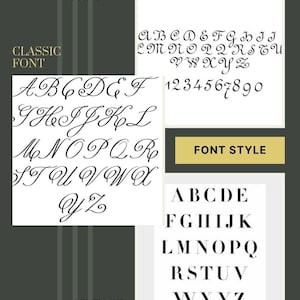 May include: A font style guide featuring three distinct alphabets. The French font displays black cursive letters and numbers 1-0. The Classic font shows black cursive letters. The Vintage font presents black serif capital letters on white.
