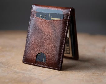Minimalistische leren portemonnee met geldclip voor heren: slanke, dubbelgevouwen veilige RFID-kaarthouder