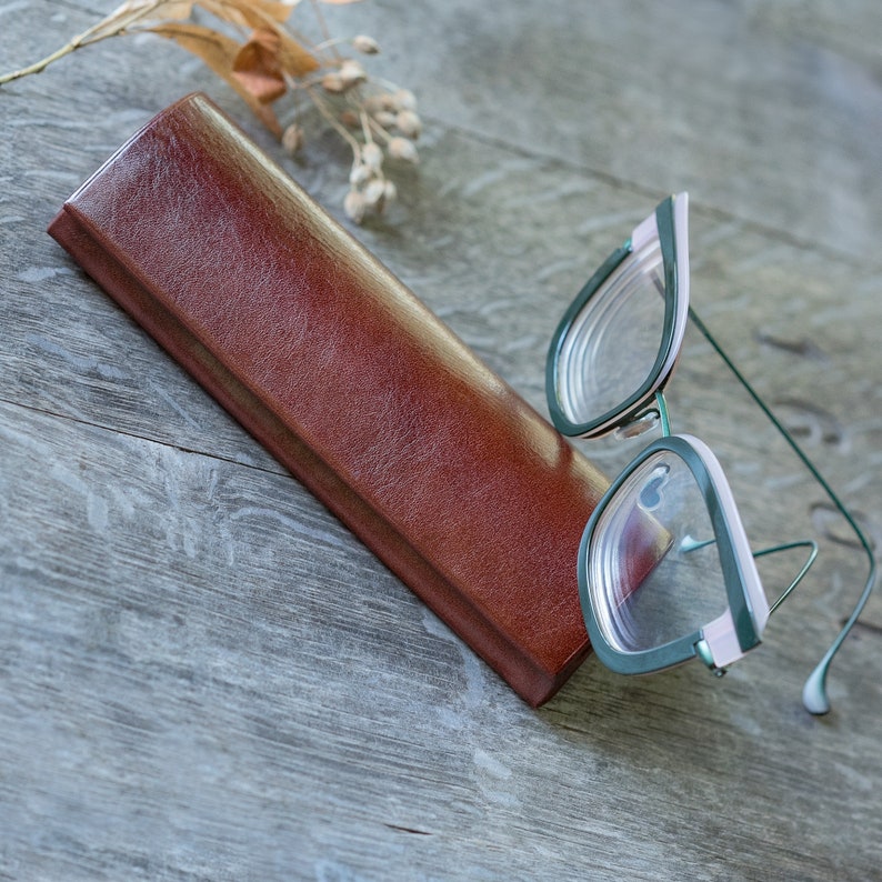 Pu&ograve; includere: Un astuccio per occhiali in pelle marrone con un paio di occhiali verdi e rosa sopra.