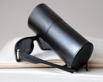 Personalized Leather Glasses Case for Men: Hard Black Shell, Unisex Eyewear Protection