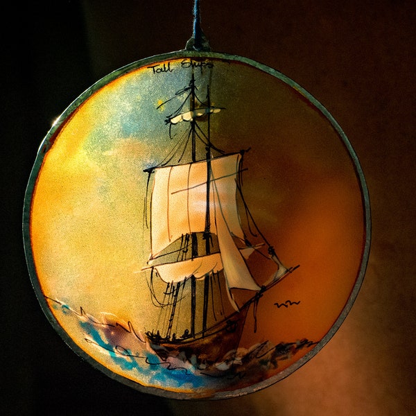 Ocean sailing ship stained glass, Window hangings, Beach house decor, Suncatcher seascape, Handmade glass panel nautical decor, Sailing gift