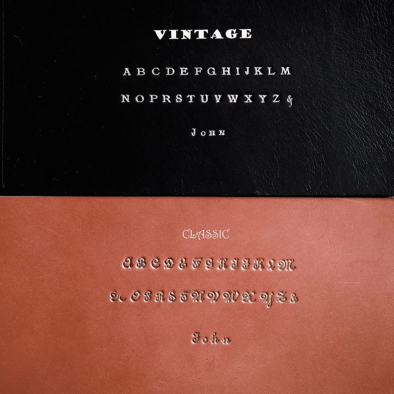 May include: Two leather samples with different font styles. The top sample is black with white text that reads "VINTAGE" and includes the alphabet and the word "JOHN". The bottom sample is brown with gold text that reads "CLASSIC" and includes the alphabet and the word "John".