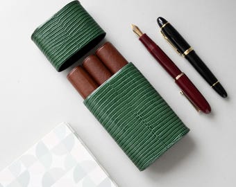 Leren vulpenetui Gepersonaliseerd cadeau voor schrijver: volnerf leer met reliëf, pennenhouders voor 3 pennen