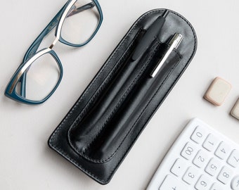 Personalized leather sunglasses  case with 2 pen holder: Black, Birthday Gift for Men