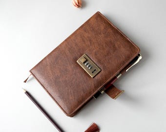 Leren A5-dagboek met slot: vintage bruine omslag, navulbaar, gepersonaliseerde ergotherapie, agenda-opberger voor werk, reizen schrijven