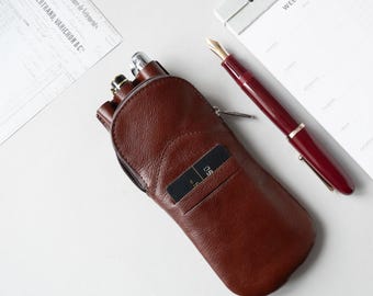 Leather 3 pen zipped pouch, Pencil case with zipper, Fountain pen case for men, Custom pen case gift for him, Personalized pen case 3 slot