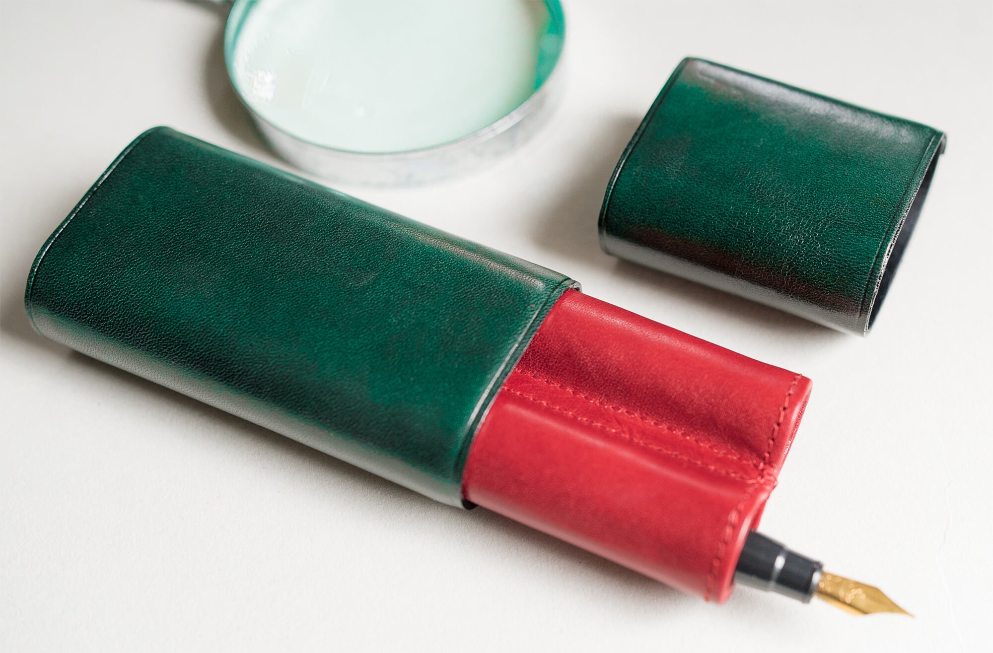Leather Pen Case Fountain Pen Green and Red Case Birthday Etsy