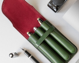 Pen case pouch 3 divider for women, Fountain pen case leather 3 slots, Pen holder for purse, Red and green pen case Christmas gift for her