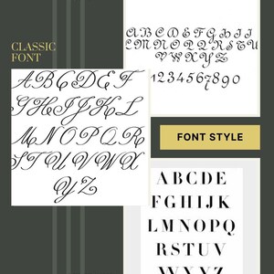 K&ouml;nnte beinhalten: Grafik mit verschiedenen Schriftarten. Sie zeigt Beispiele f&uuml;r klassische, Vintage- und franz&ouml;sische Schriftarten sowie eine moderne serifenlose Schriftart. Die Schriftarten sind in Schwarz auf wei&szlig;em Hintergrund dargestellt, mit Textbeschriftungen.