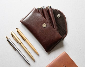 Leather Triple Pen Case: Magnetic Clasp, Personalized Fountain Pen Pouch