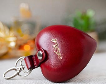 Llavero de corazón de cuero personalizado: Monedero rojo oscuro con monograma, el mejor regalo para tu novia.