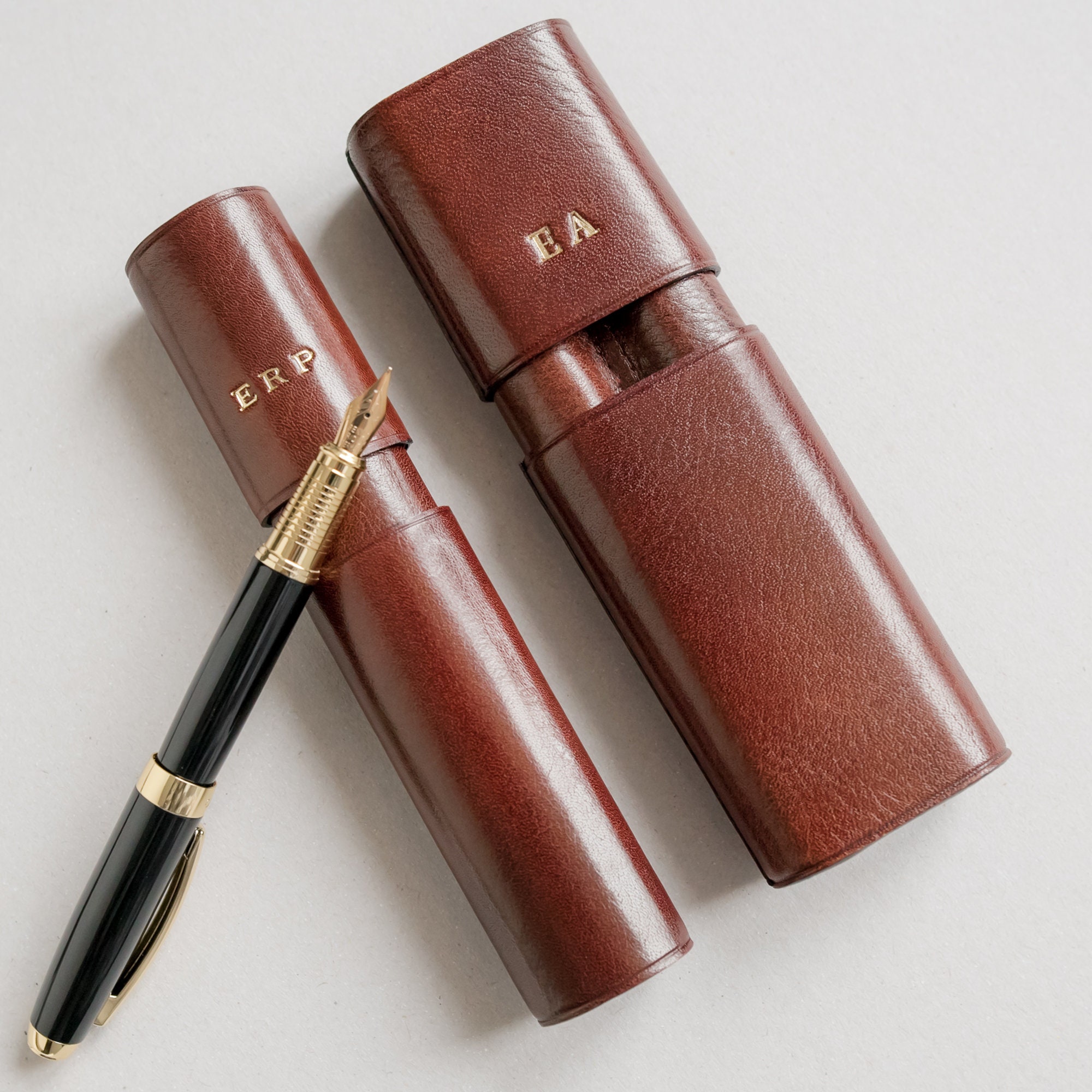 Set Of 2 Leather Pen Case Personalized, Fountain Case, Pen Holder 3 Fountain Pen, Leather Gift Set For Men, Father in Law