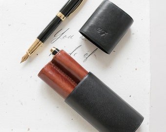 2 slot pen case leather, Fountain pen case pouch for two pen, Black Brown pen case, Pen sleeve double, Personalized pen case gift for Dad