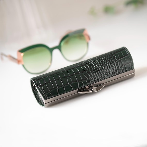 Glasses Case Vintage Dark Green Crocodile Leather: Hard Shell with Clasp - Personalized Gift