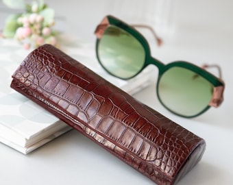 Personalized Burgundy Leather Glasses Case: Hard Shell Eyeglass Holder with Magnetic Clasp