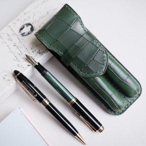 Lussuoso portapenne in pelle verde con 2 scomparti interno rosso, astuccio per penna stilografica regalo elegante per lei, portapenne minimalista per donna