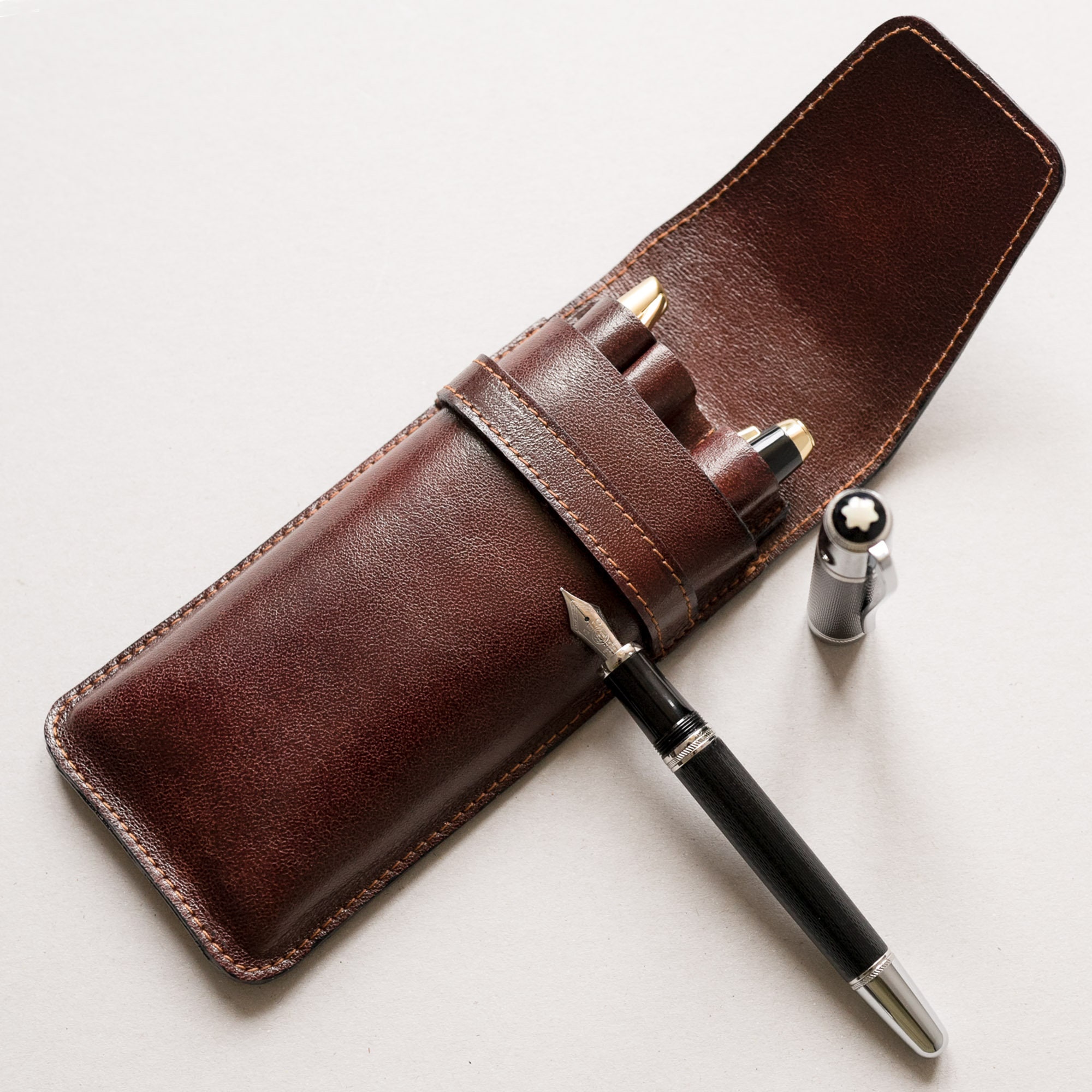 Genuine Leather Fountain Pen Case Cowhide Black 3 Pen Holder Case