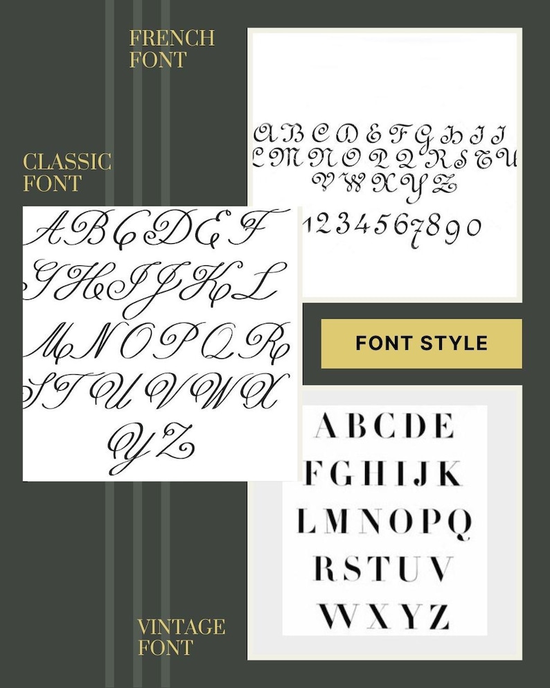 Pu&ograve; includere: Un grafico che mostra diversi stili di font. Il primo stile di font &egrave; etichettato come "Font classico" e presenta una scrittura corsiva. Il secondo stile di font &egrave; etichettato come "Font francese" e presenta una scrittura corsiva pi&ugrave; formale. Il terzo stile di font &egrave; etichettato come "Font vintage" e presenta un font semplice e robusto. Il quarto stile di font &egrave; etichettato come "Stile di font" e presenta un font semplice senza serif.