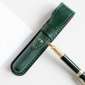 Pen Case Leather for Women and Men, Fountain Pen Pouch Crocodile Leather, Green Pen Holder with Red Interior Personalised Pen Case for Her