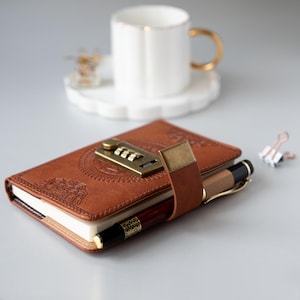 Personalized Leather A7 Journal with Lock: Embossed Notebook with Pen Holder