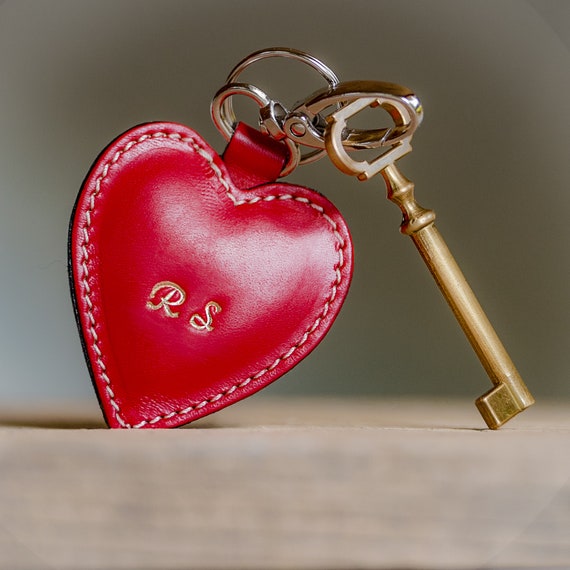 Personalized Leather Keychain Heart Red Heart Keyring Best Gift